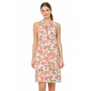 Garnet Hill Blue Pink Rose Floral silk linen tie neck midi dress 12 sleeveless